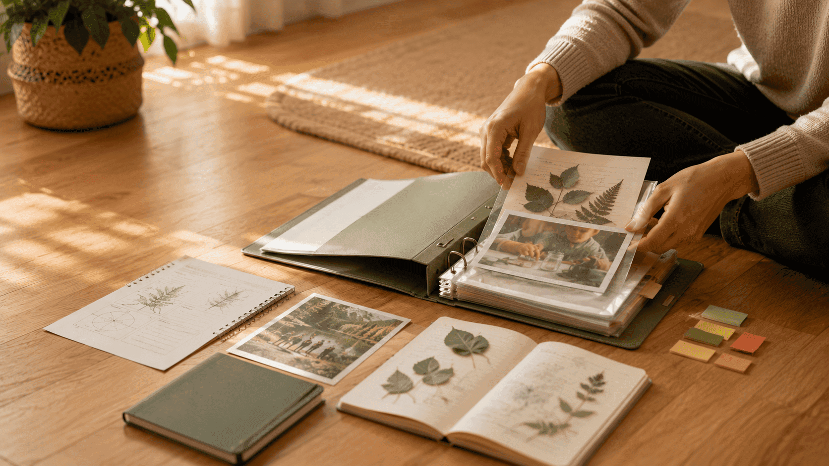 Homeschool parent organizing worksheets, project photos, field trip memories, and nature journals into a homeschool portfolio binder.